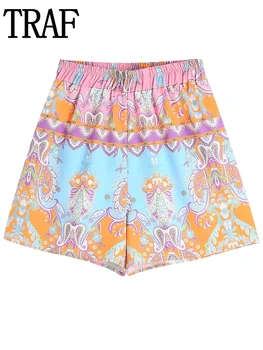 TRAF 2022 cor-de-Rosa de Impressão Shorts Mulher de Cintura Alta, Shorts de Conjuntos de Verão, Bermuda Para Mulheres Casuais Boho Calções de Praia Streetwear